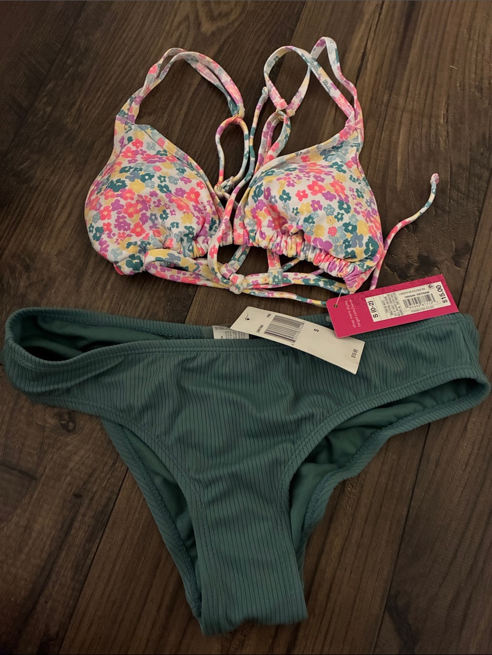 Xhilaration Floral Pink Multi Halter Bikini Top with Ribbed Bottom